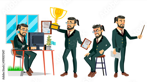 Boss Character Vector. Bearded. Environment Process In Office. Various Action. Cartoon Business Illustration