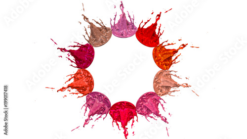 paints dance on white background. Simulation of 3d splashes of ink on a musical speaker that play music. beautiful splashes as a bright background in ultra high quality. shades of red v16
