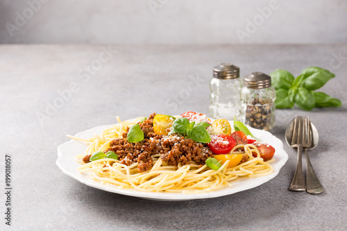 Rustic plate of tasty spaghetti Bolognaise topped with minced beef, grated parmesan cheese, cherry tomatoes and fresh basil. Copy space.