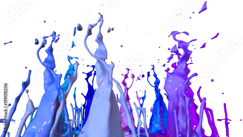 paints dance on white background. Simulation of 3d splashes of ink on a musical speaker that play music. beautiful splashes as a bright background in ultra high quality. shades of blue v37