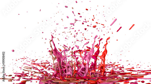 paints dance on white background. Simulation of 3d splashes of ink on a musical speaker that play music. beautiful splashes as a bright background in ultra high quality. shades of red v50