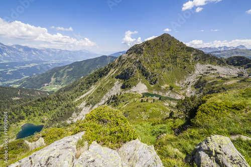 View from mountain Rippetegg to summit of Schober and lakes