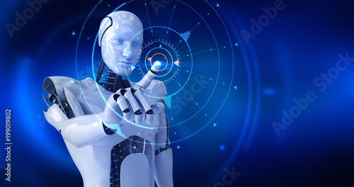 Humanoid male robot activating digital hud. 3D Render