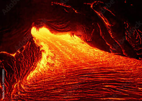 Scenic view of a part of a lava flow in the dark, the hot lava shows up in yellow and red shades - Location: Hawaii, Big Island, volcano Kilauea
