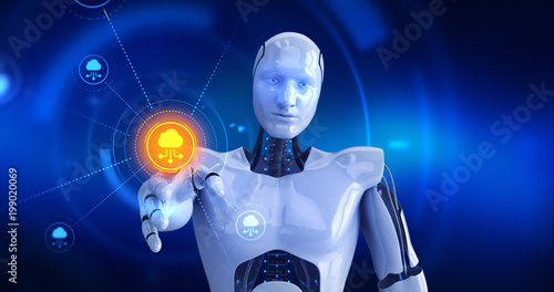 Humanoid robot touching on screen then cloud computing symbols appears. 3D Render