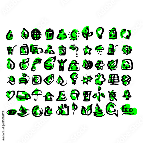 Simple set of  ecology icons vector illustration sketch hand drawn with black lines isolated on white background