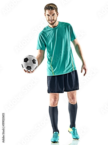 one caucasian soccer player man standing holding football isolated on white background © snaptitude