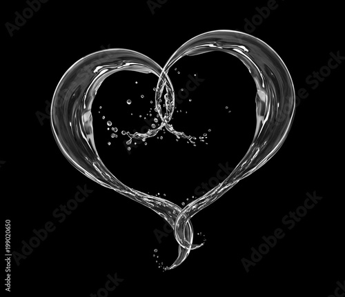 Splashes of water in the shape of a heart on a black background