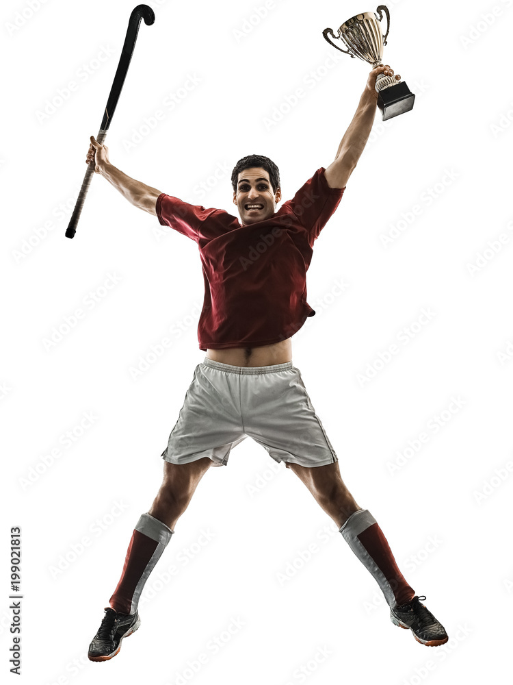 one caucasian field hockey player man isolated silhouette on white background one caucasian field hockey player man isolated silhouette on white background
