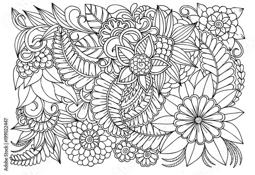 Outline vector drawing of flowers for adult coloring books. Page of floral pattern in black and white
