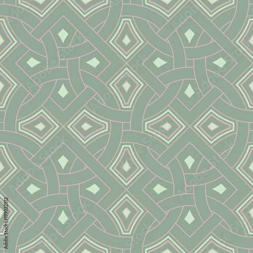 Geometric dark green seamless background wth pink elements