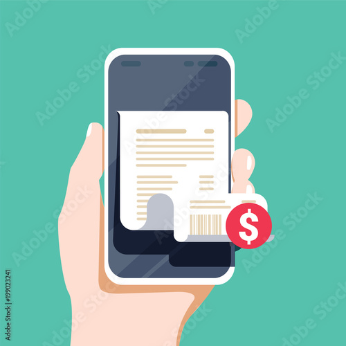 Receipt bill on smartphone vector illustration isolated, flat cartoon design paper invoice on mobile phone