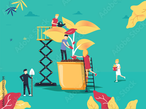 vector illustration. people grow plants in pots. phytomodule for domestic farming. creative design eco-garden concept