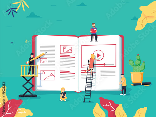 Online education concept with small people studying near big e-book and online course. Vector illustration