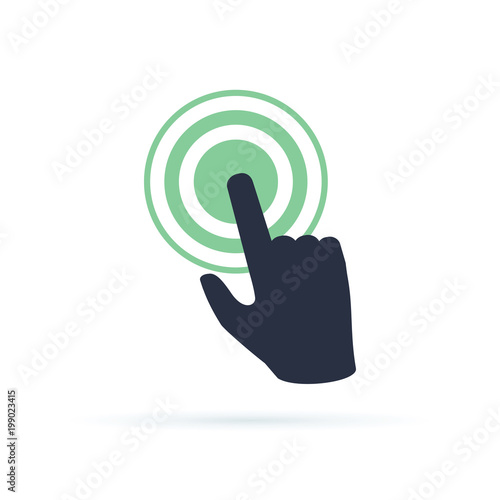Black hand pushing on green button. Concept of new fast start up symbol or forefinger hit or tap