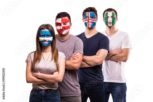 Group of supporter of Argentina, Croatia, Iceland, Nigeria national teams fans with painted face isolated on white background