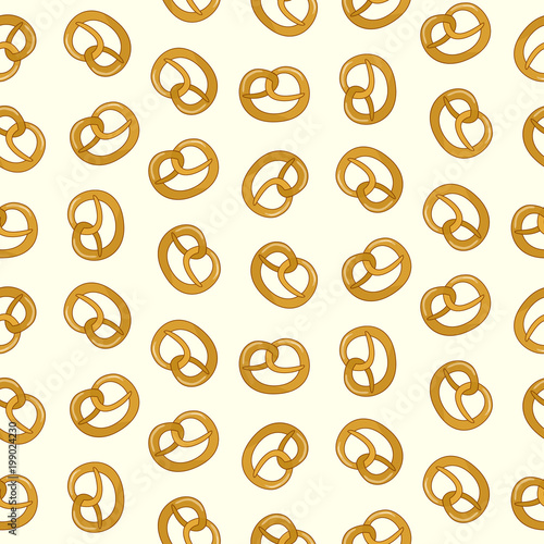 Cute oktoberfest tasty pretzel seamless pattern. Color cartoon traditional german oktoberfest holiday food texture for textile, wrap paper, wallpaper, background, surface, cover