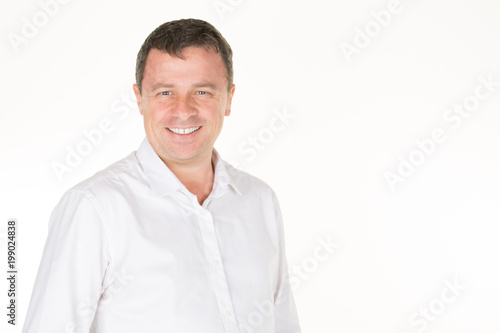 smiling middle age men in man white shirt