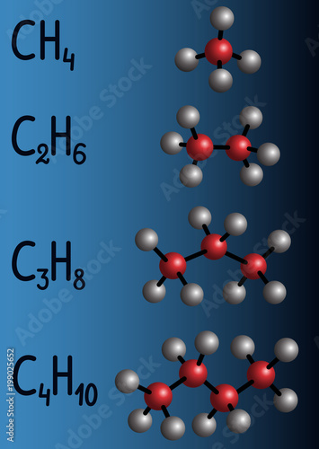 Chemical formula and molecule model methane CH4, ethane C2H4,  propane C3H8,  butane C4H10 on dark blue background