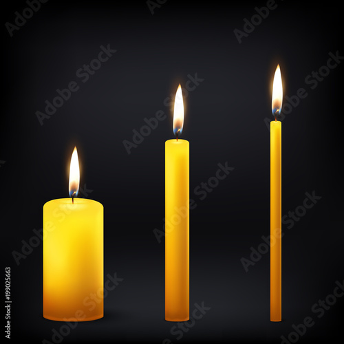Vector 3d realistic different orange paraffin or wax burning party candle icon set closeup isolated on dark background. Thick, medium and thin size. Design template, clipart for graphics