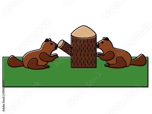 beavers with trunk tree scene vector illustration design