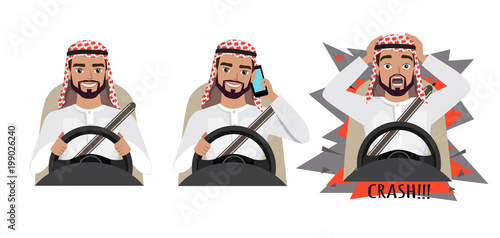 Arab man driving a car. man driving a car talking on the phone. The man had an accident. crash