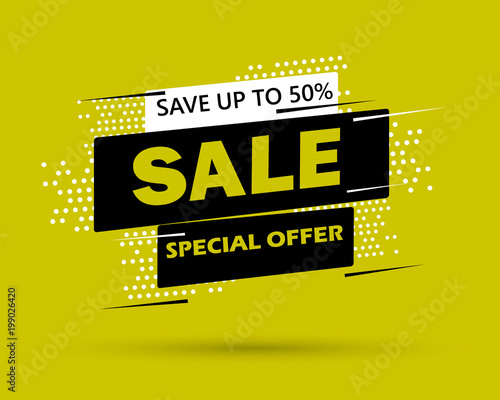 Super Sale and special offer. 50% off. Vector illustration. Trendy neon geometric figures wallpaper in a modern material design style. Coloured banner