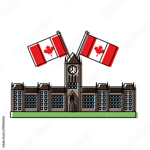 ottawa parliament building with canadian flags vector illustration desing
