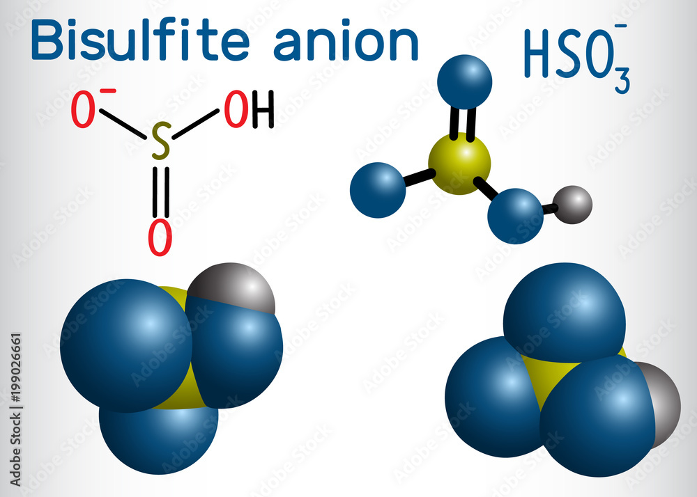 Bisulfite anion (hydrogen sulfite) molecule. Sodium bisulfite (E222