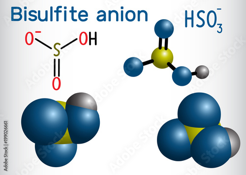 Bisulfite anion (hydrogen sulfite) molecule. Sodium bisulfite (E222) and potassium bisulfite (E228) are food preservatives. Structural chemical formula and molecule model
