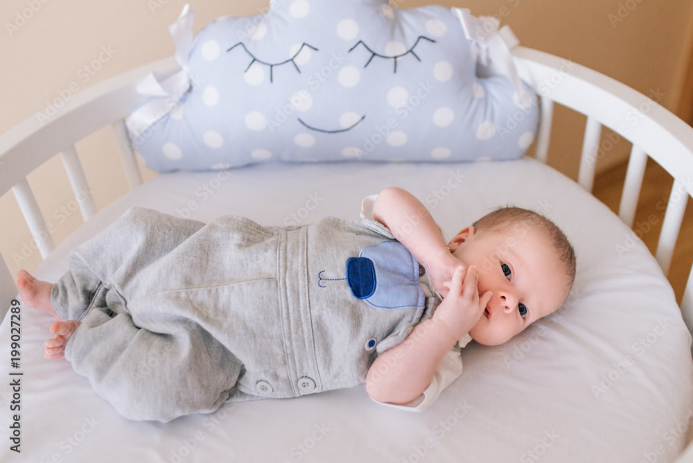 Beautiful newborn baby lying in an round bed with beautiful bumpers in delicate gray, blue, white tones