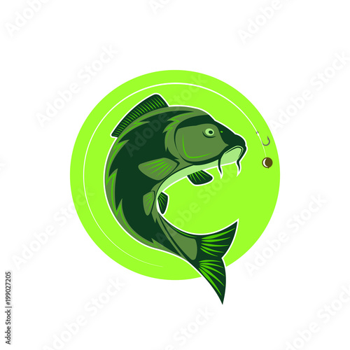 Logo carp fishing green round emblem, fish icon fishing line with hook and boilie bait