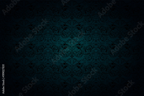 Royal, vintage, Gothic background in gloomy malachite green and black tones with classic Baroque and Rococo ornaments