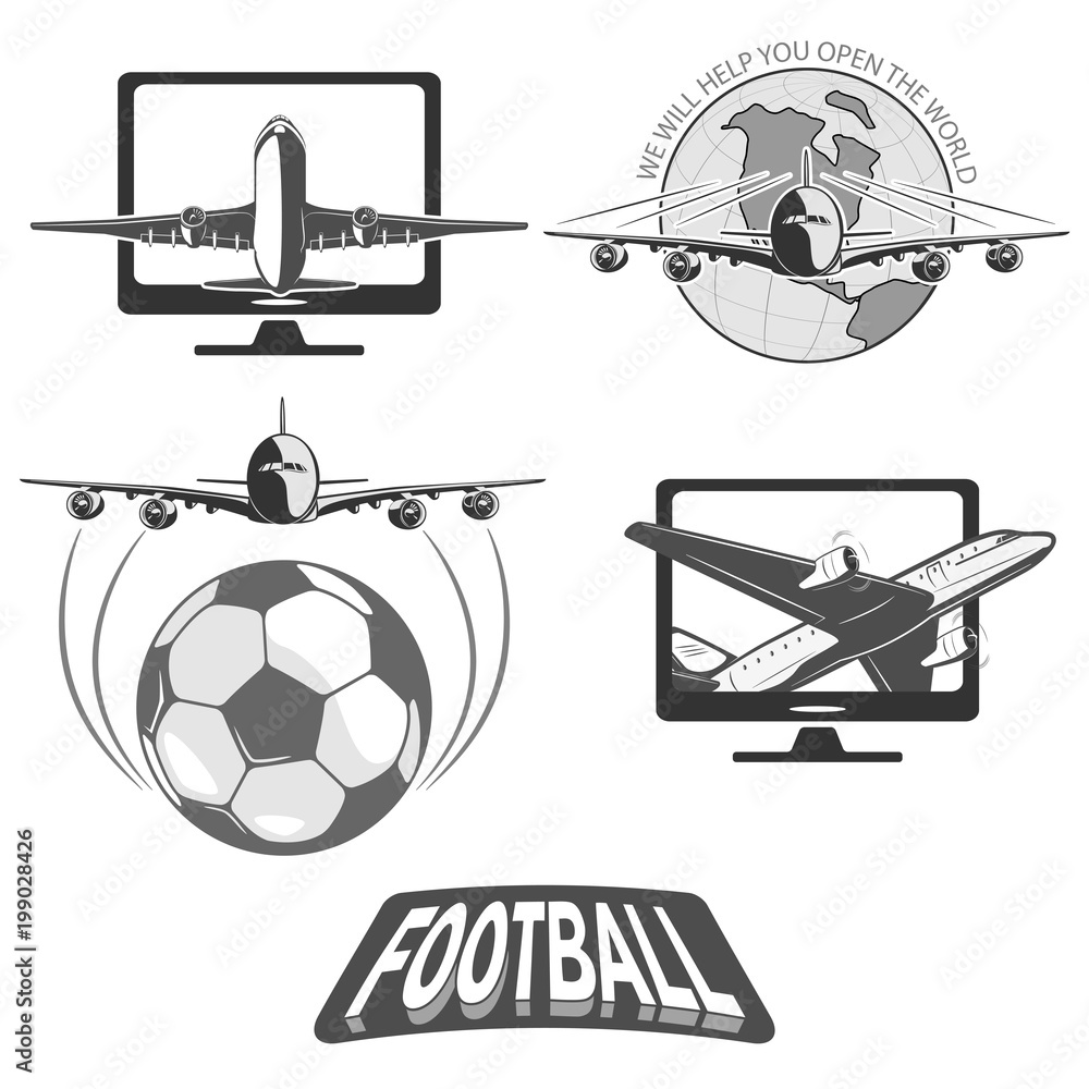 
soccer ball and a stylized image of the globe. flies a large passenger plane. isolate on white background.