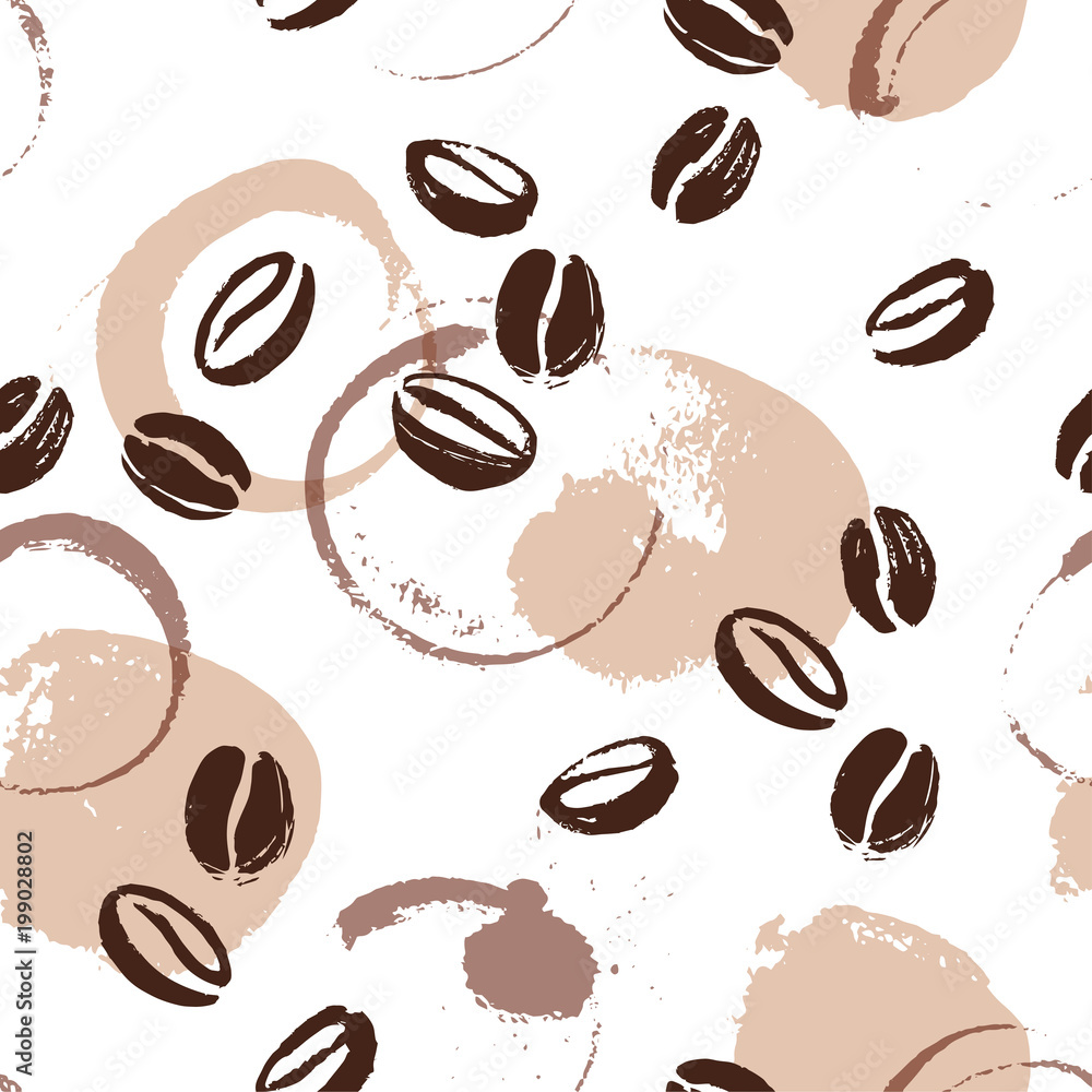 Obraz premium Vector seamless pattern with hand drawn coffee beans isolated on white background. Stamp coffee seeds, stains & texture. Perfect for packaging paper, package design, banners etc.