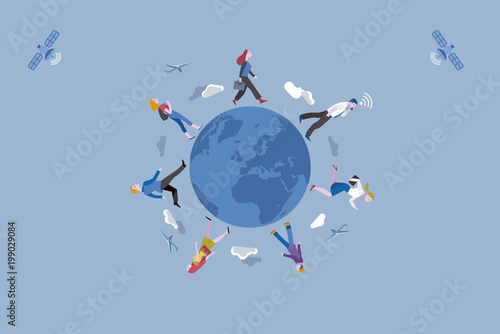 Working people traveling along the Earth globe