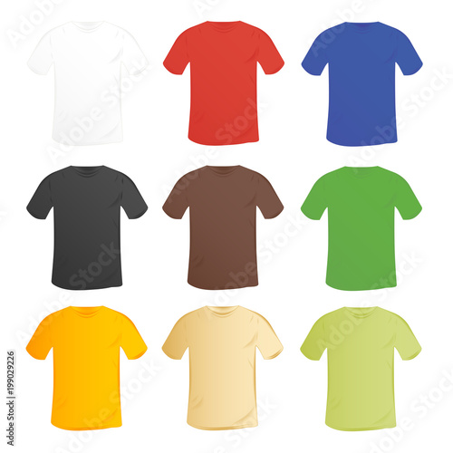 big set of vector colorful blank t-shirt mockup with a round collar in a different style. isolated on white background. classic t-shirt design template.