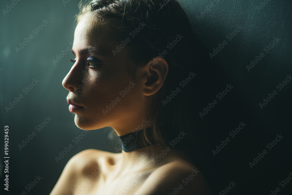 Woman with hairstyle, beauty. Beauty and fashion girl. Fashion look of stylish girl, makeup trend. Cosmetics for visage and skincare, hairdresser. Woman with soft skin dreaming or thinking, lonely. Woman with hairstyle, beauty. Beauty and fashion girl. Fashion look of stylish girl, makeup trend. Cosmetics for visage and skincare, hairdresser. Woman with soft skin dreaming or thinking, lonely.