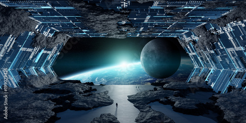 Huge asteroid spaceship interior 3D rendering elements of this image furnished by NASA