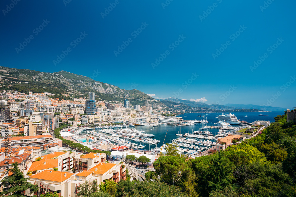 Monaco, Monte Carlo Cityscape. Real Estate Architecture On Mountain