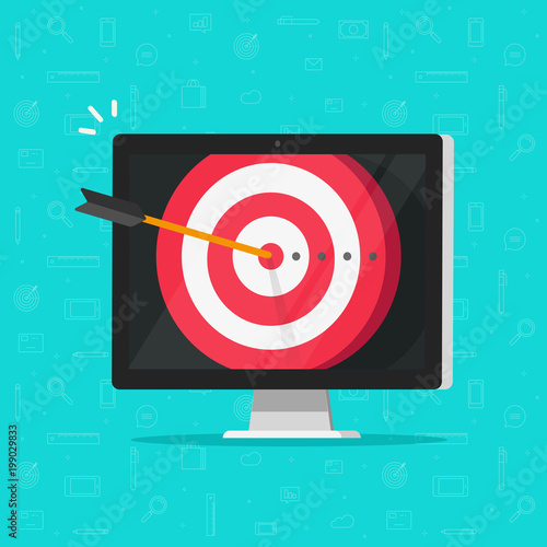 Target aim with arrow in bullseye on computer display vector, concept of success business goal, digital marketing promotion, good online campaign or strategy, internet audience targeting, mission