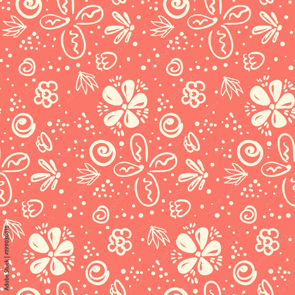 Tender peach color doodle floral seamless pattern. Lovely naive texture with outline flowers, leaves and blotches for girls textile, wrapping paper, banner, underwear, surface, wallpaper, background