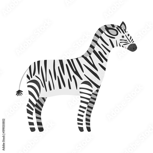 Cute cartoon black and white smiling zebra. Childish flat illustration of striped zebra character for kids book design  stickers  educational and fun games  print