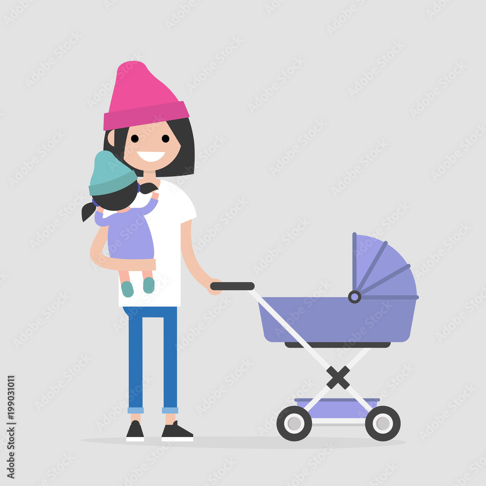 Young mother walking with a child. Stroller. Holding a baby. Modern family. Flat editable vector illustration, clip art Young mother walking with a child. Stroller. Holding a baby. Modern family. Flat editable vector illustration, clip art
