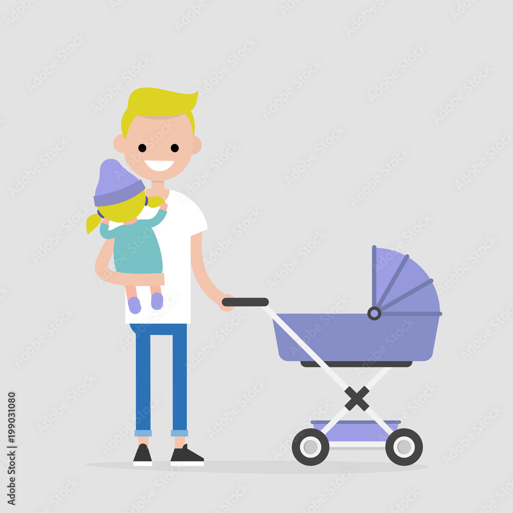 Young father walking with a child. Stroller. Holding a baby. Modern family. Flat editable vector illustration, clip art