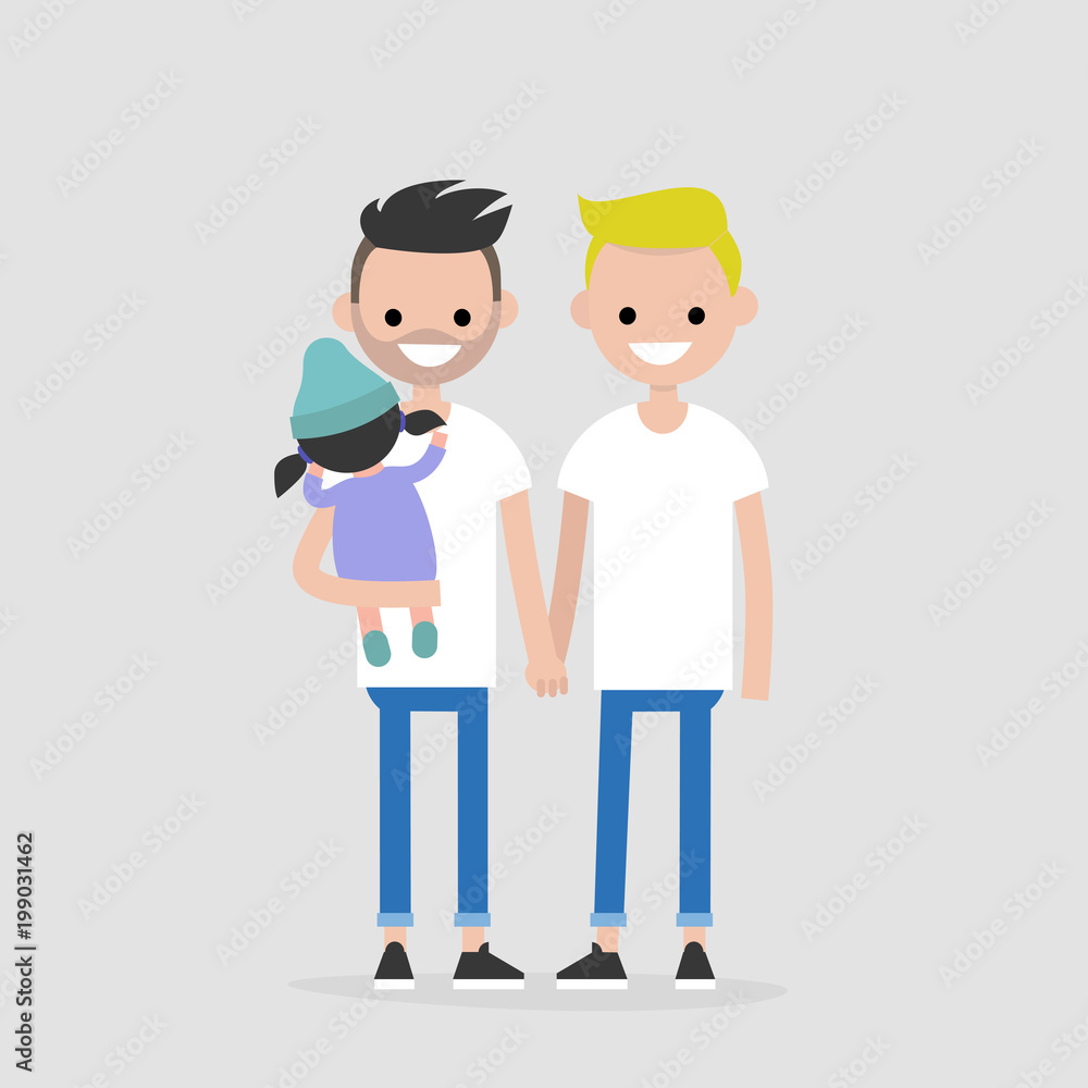 Young modern family: two homosexual parents and their baby. Millennials. Young adults. Lifestyle / flat editable vector illustration, clip art Young modern family: two homosexual parents and their baby. Millennials. Young adults. Lifestyle / flat editable vector illustration, clip art