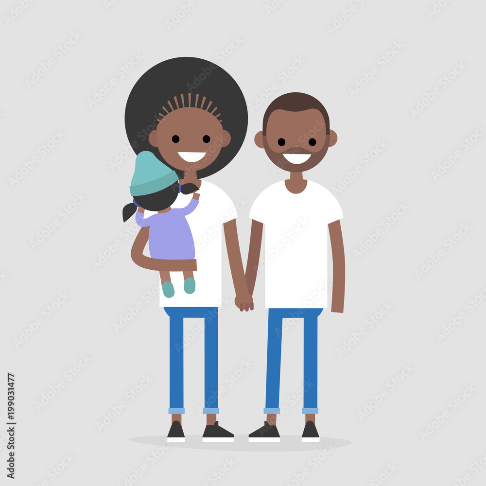 Young modern family: two parents and their baby. Millennials. Young adults. Lifestyle / flat editable vector illustration, clip art