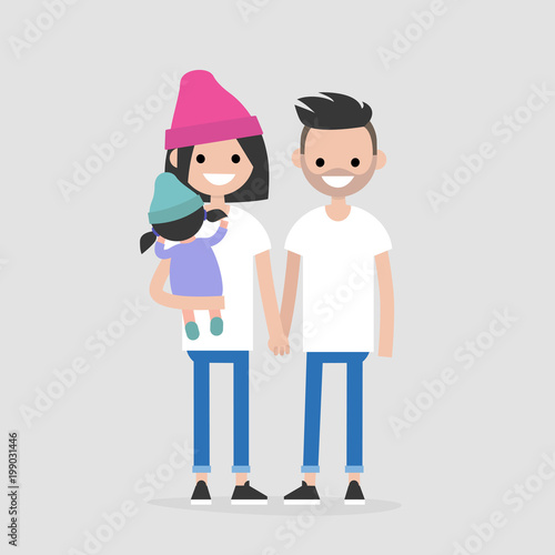 Young modern family: two parents and their baby. Millennials. Young adults. Lifestyle / flat editable vector illustration, clip art