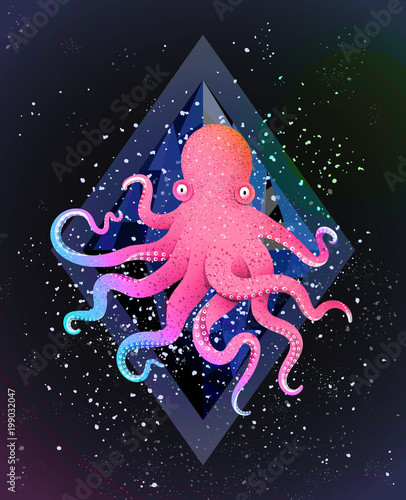 Fototapeta Sea animal on black cosmos backdrop with stars and gem