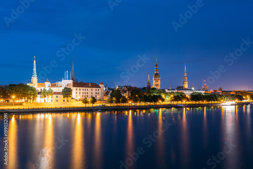 Evening In Riga, Latvia. Night View With Blue Sky. Copyspace.